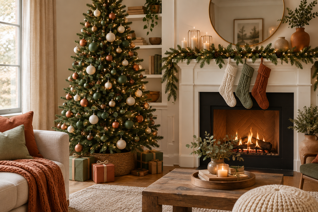 Sapin artificiel décoré de boules vertes, crème et cuivre à côté d’une cheminée garnie d’une guirlande