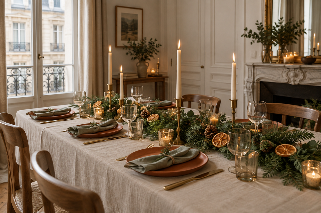 Table de Noël dressée avec nappe en lin, assiettes en grès, bougies et guirlande de sapin