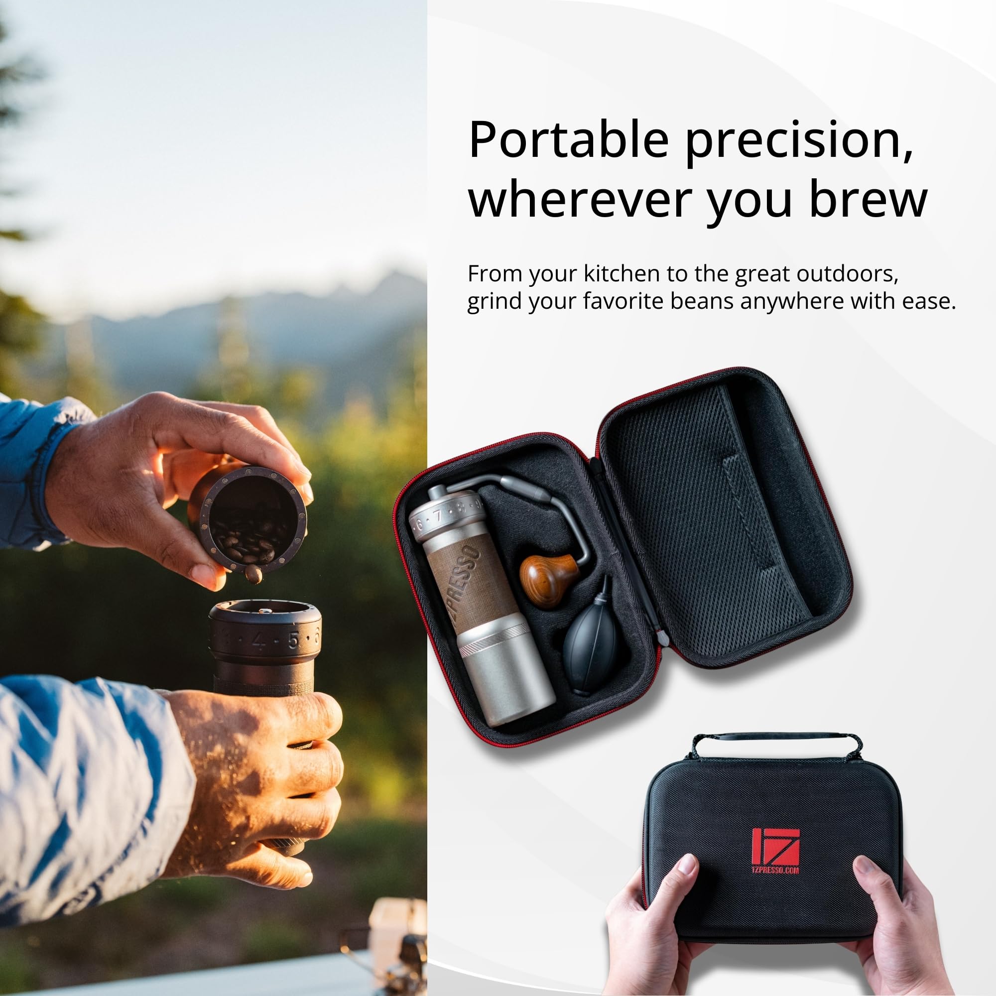1Zpresso K-Ultra posé près d'une main pour comparaison d'échelle — compact et léger
