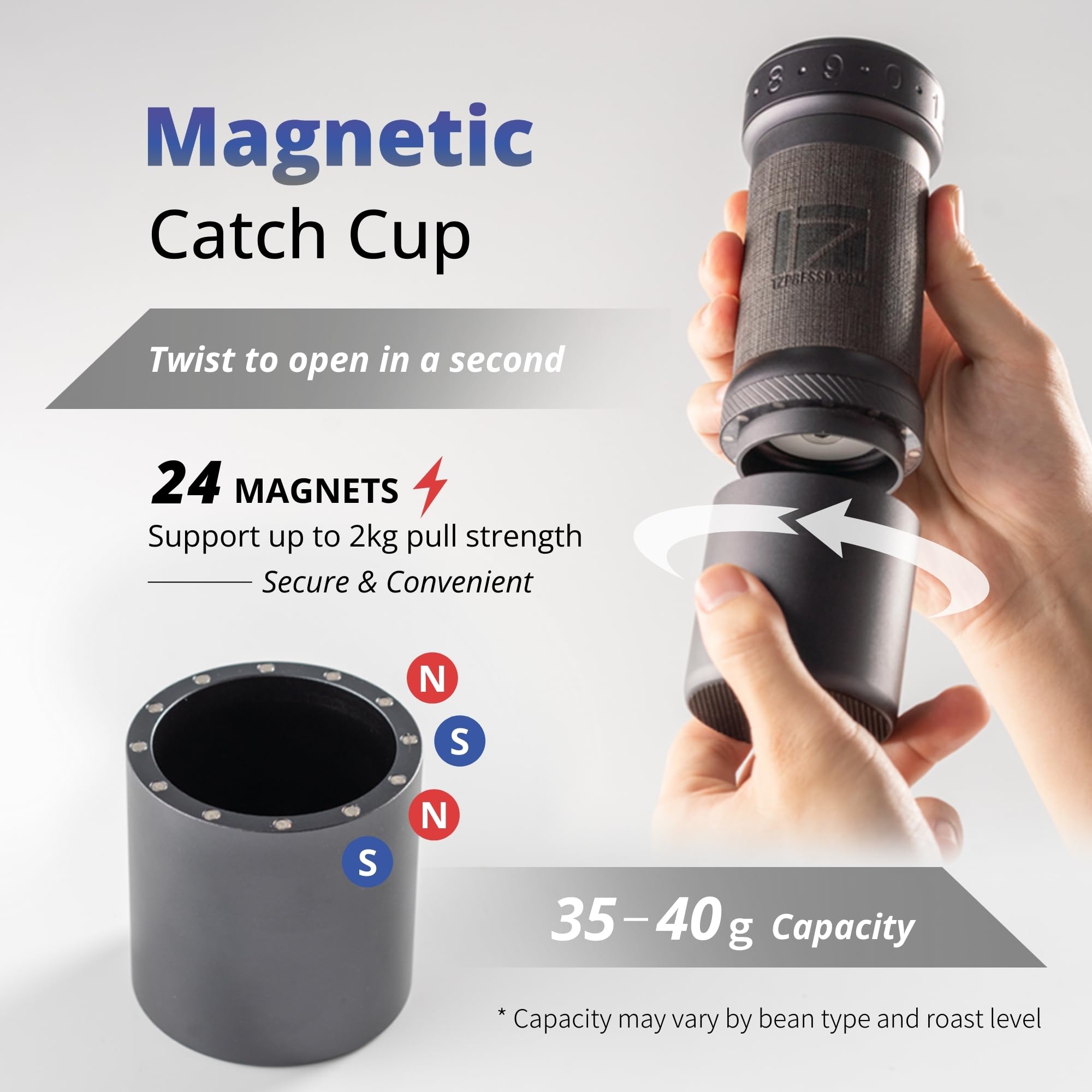 1Zpresso K-Ultra catch cup magnétique en place pour mouture sans perte — workflow rapide