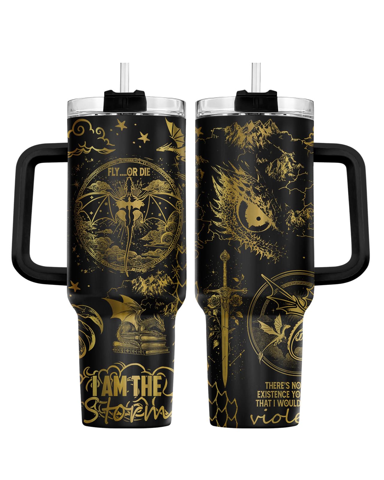 34HD vue face du tumbler montrant le dragon doré et son impact visuel