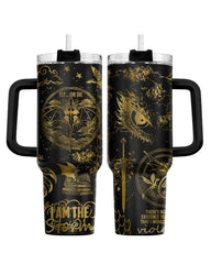 34HD vue face du tumbler montrant le dragon doré et son impact visuel