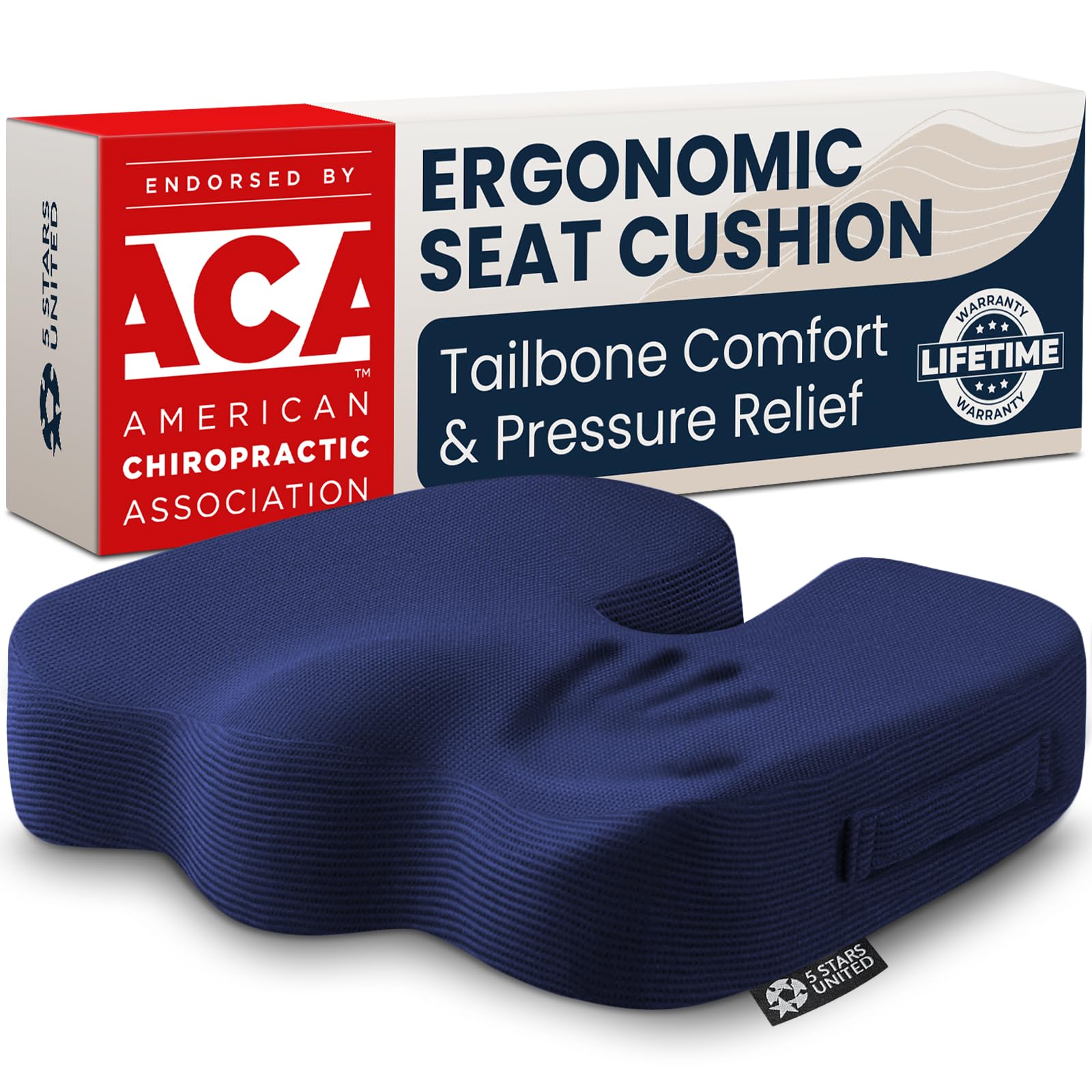 5 STARS UNITED coussin face avant montrant la découpe en U et confort ergonomique