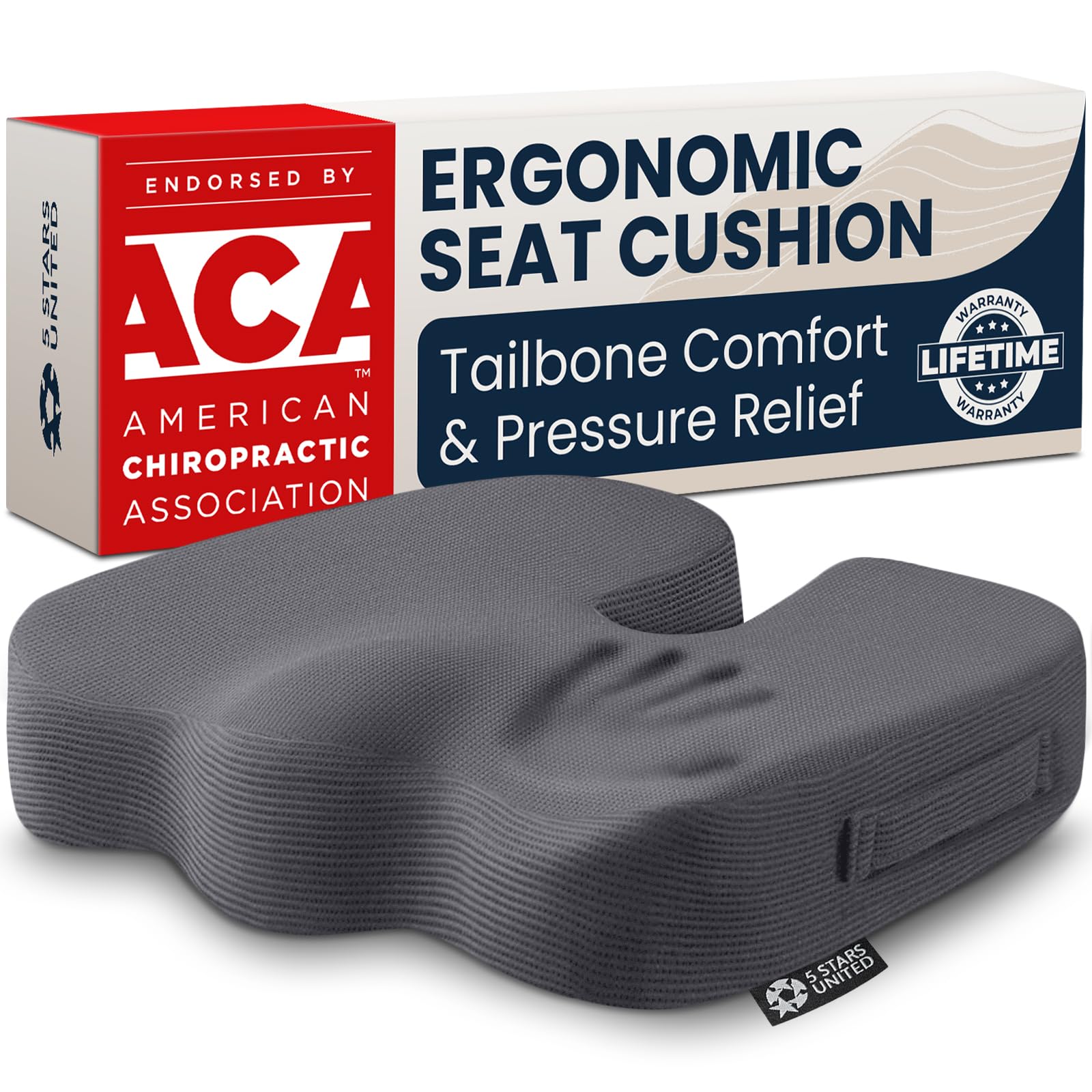 5 STARS UNITED face avant du coussin montrant la forme ergonomique et un confort immédiat