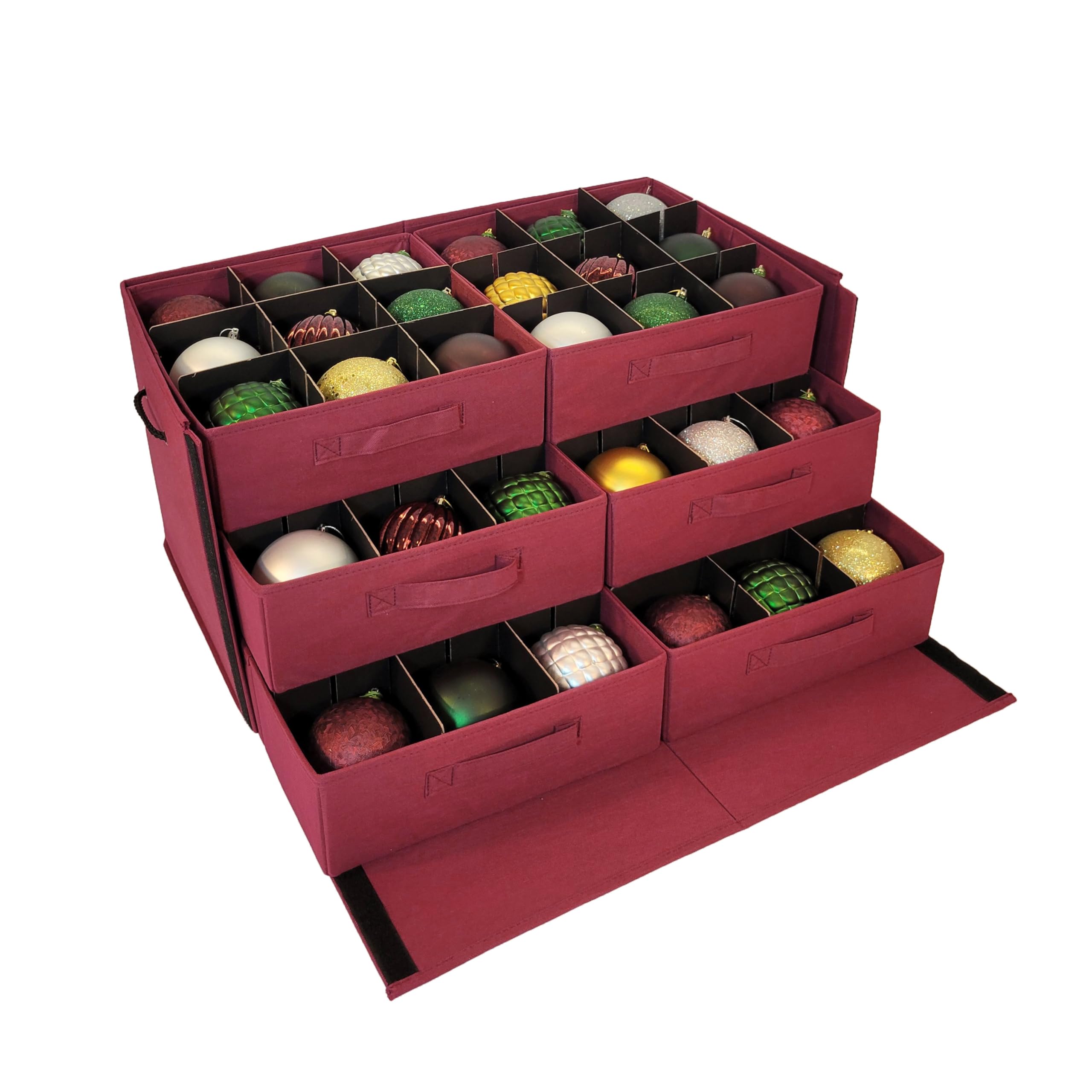 612 Vermont boîte face ouverte montrant six plateaux, permet organiser 54 ornements