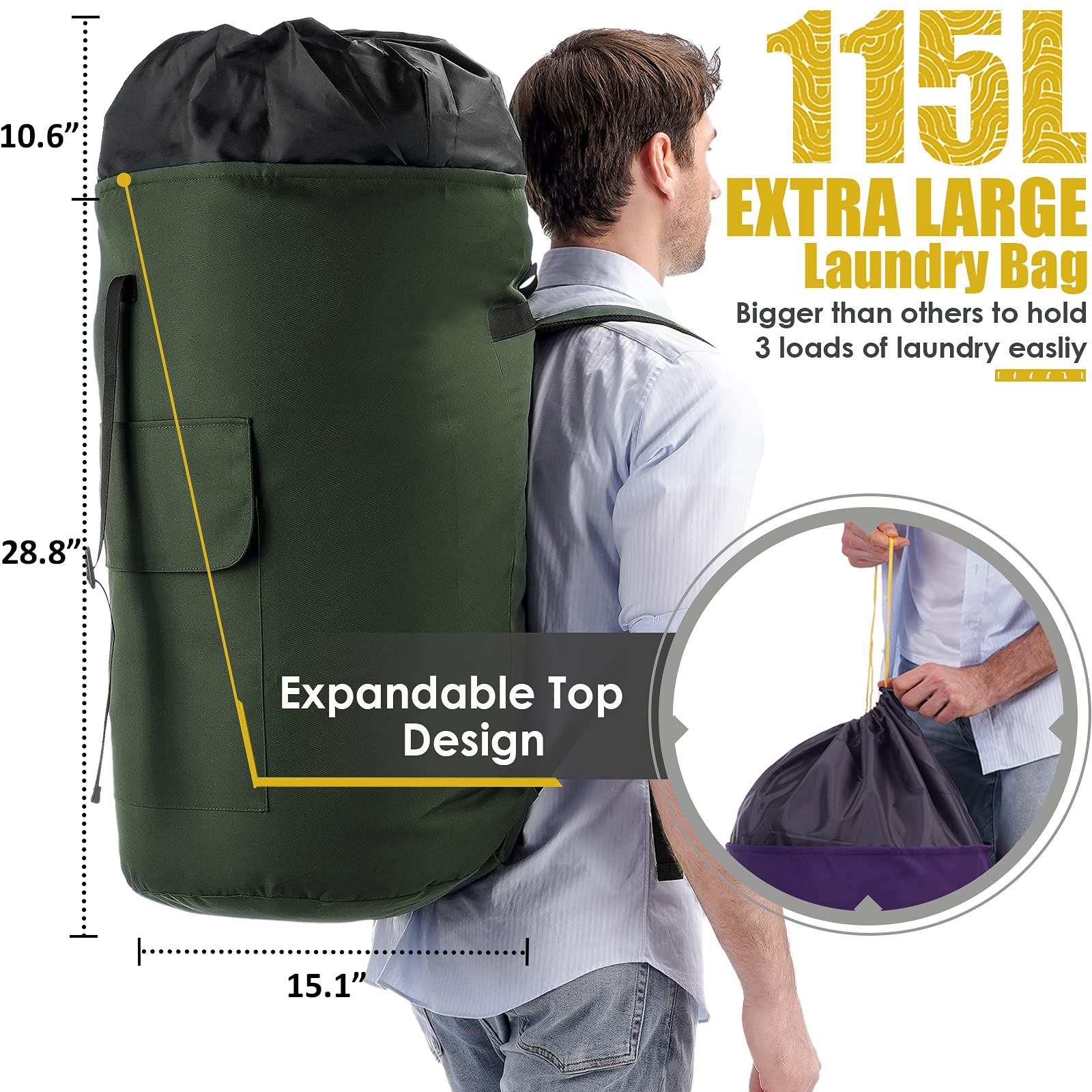 Ãzhido sac étendu montrant capacité 115L pour trois brassées