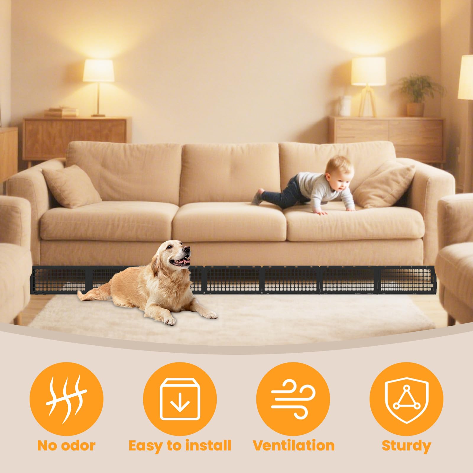Abiglifty installé sous canapé protégeant animaux et jouets égarés