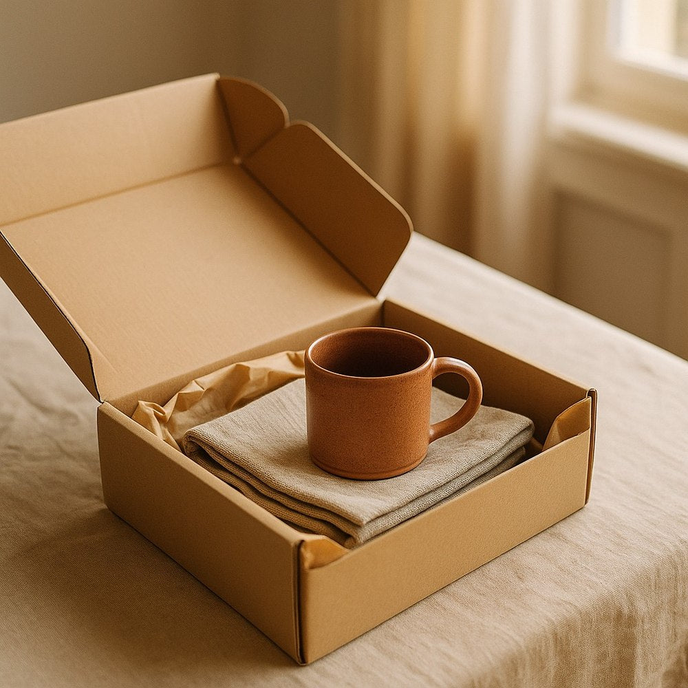 Colis ouvert avec papier kraft, torchon en lin et mug en céramique