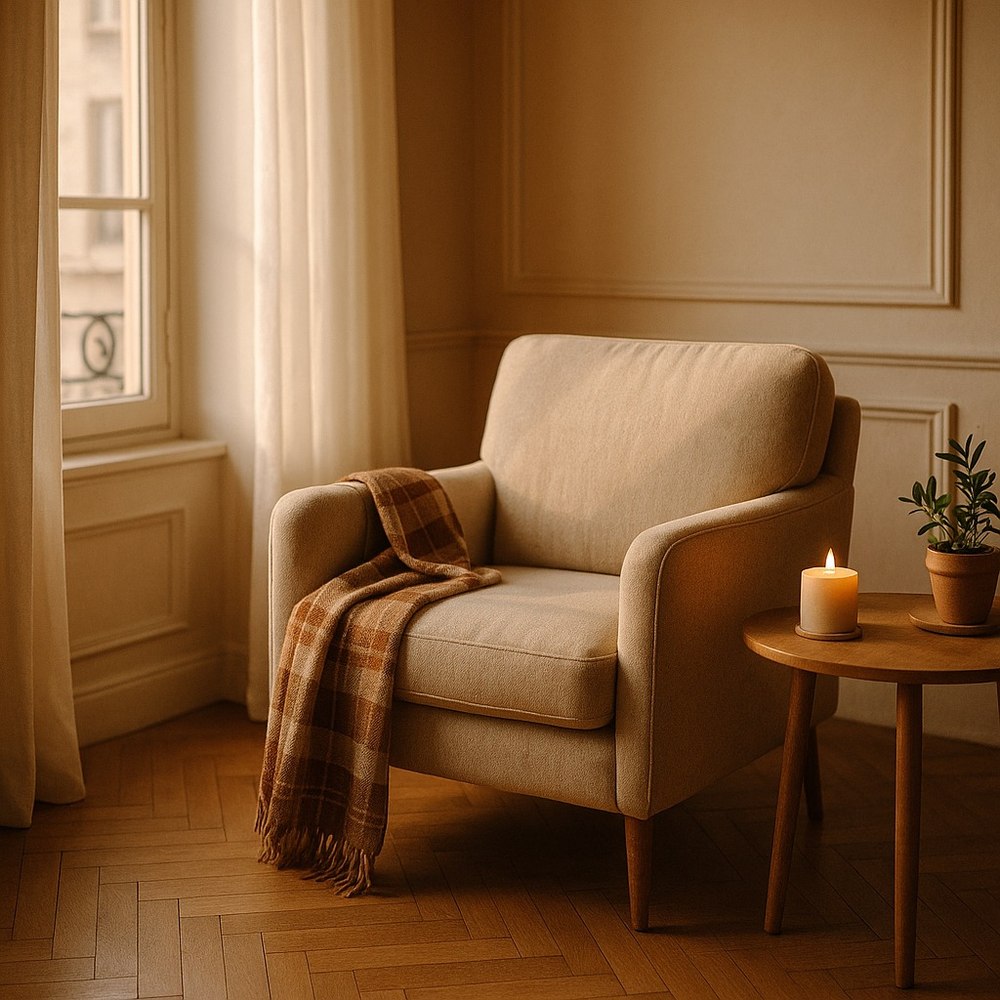 Coin lecture avec fauteuil en lin, plaid et bougie