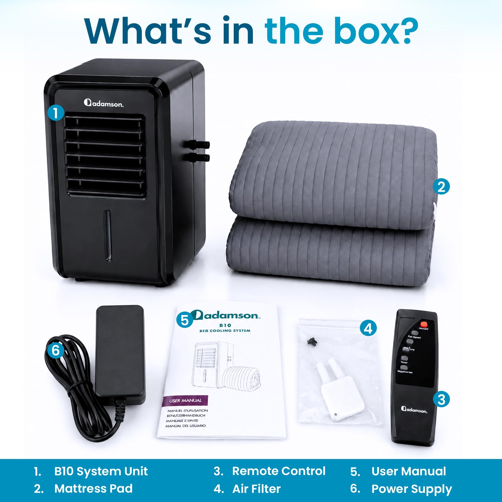 Adamson B10 emballage et manuel montrant contenu complet et instructions d'installation