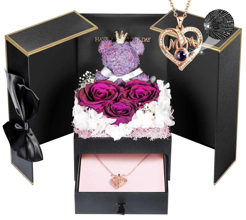 ADDWel coffret ouvert montrant rose, nounours et collier pour émotion durable
