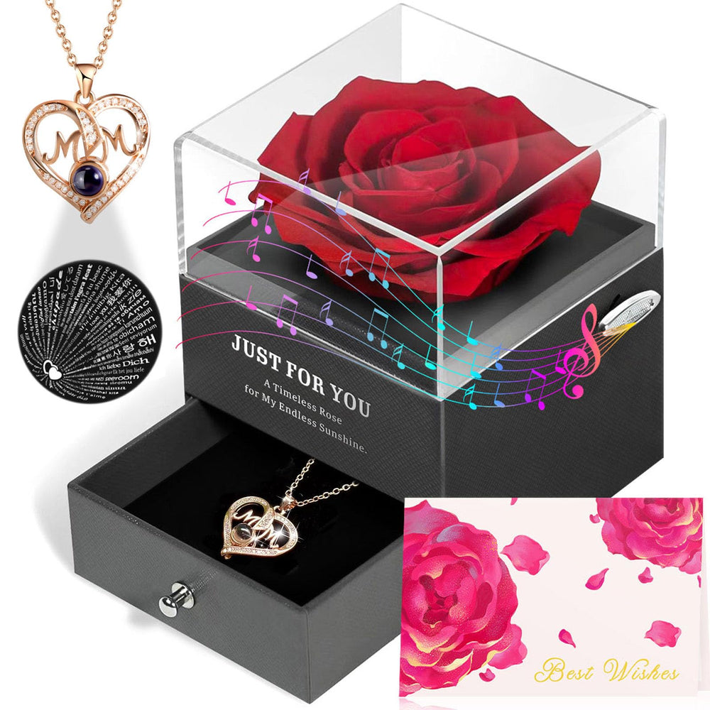 ADDWel coffret devant montrant rose, collier et boîte à musique, cadeau élégant