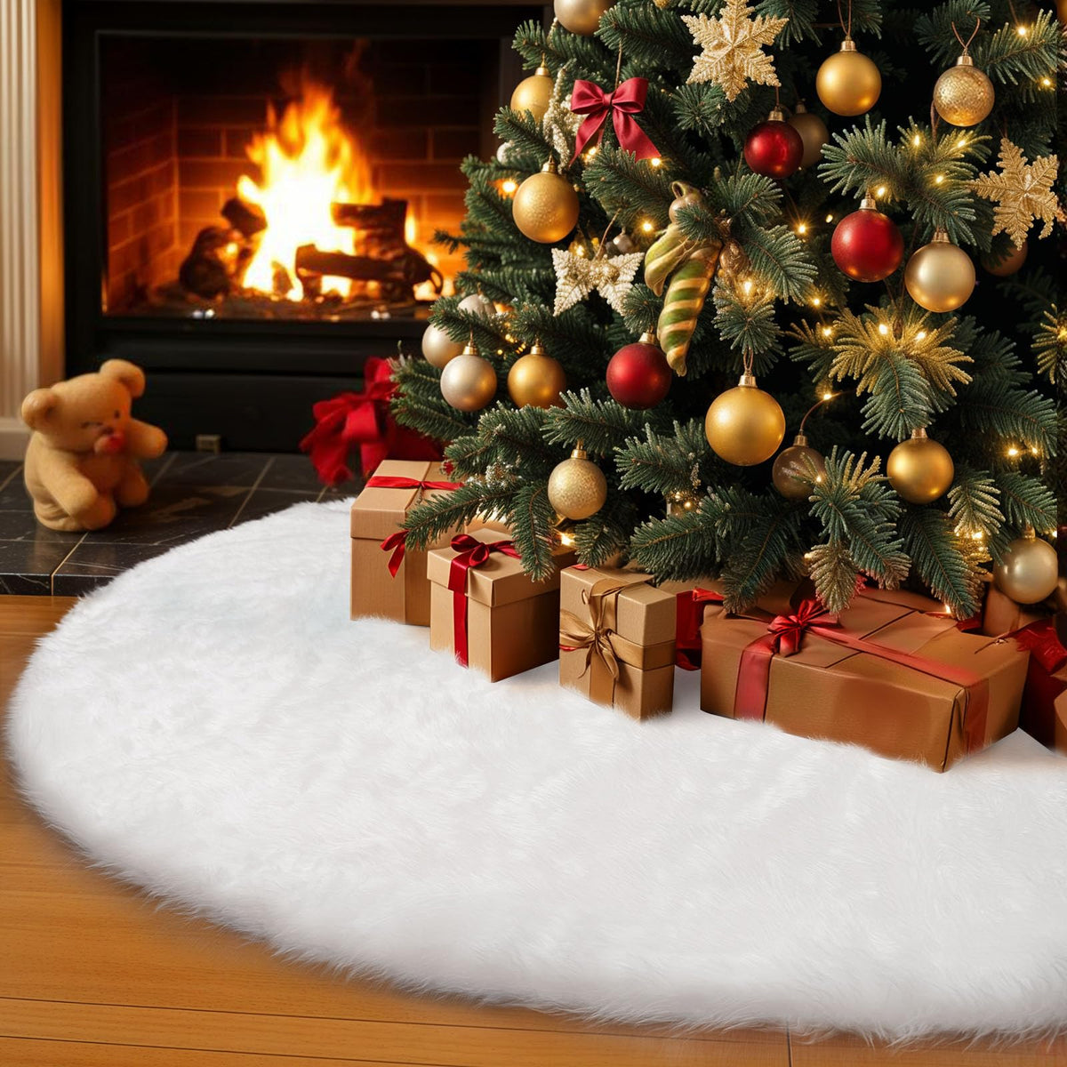 AerWo jupe de sapin face avant blanche, finition élégante pour un pied d'arbre soigné