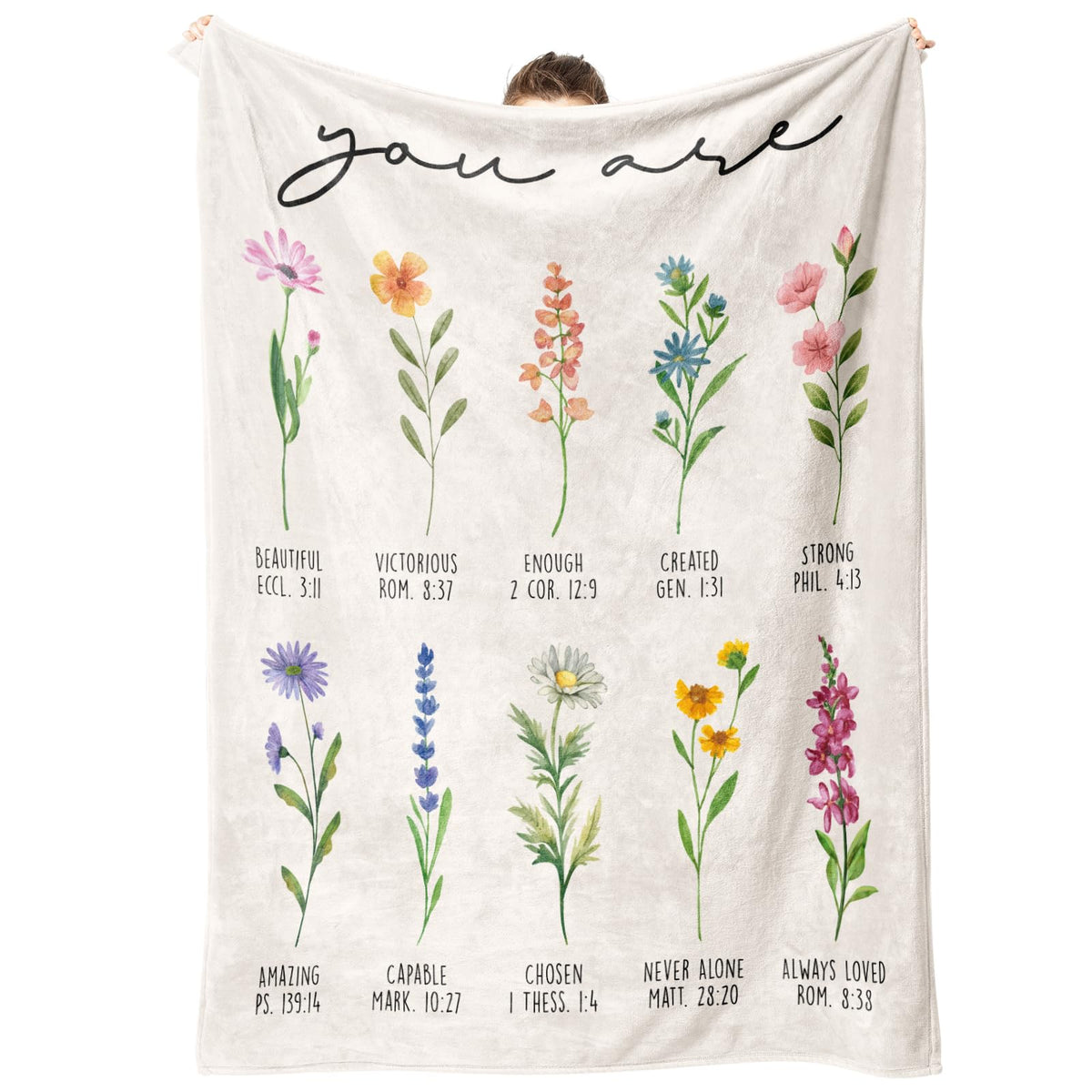 Afterprints plaid face recto avec motif floral et texte inspirant, apporte réconfort