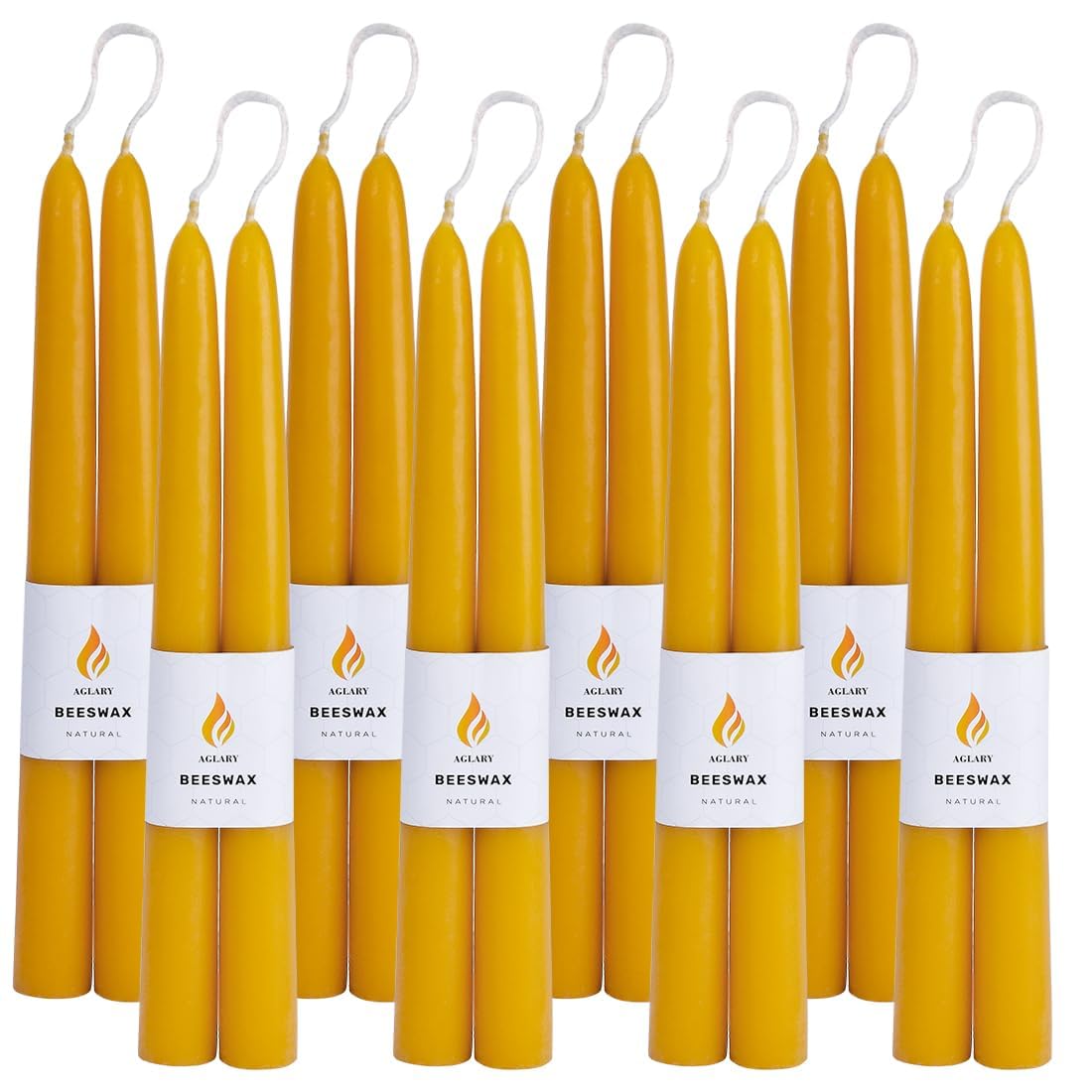 AGLARY emballage de 16 bougies coniques montrant un lot complet et rangement pratique