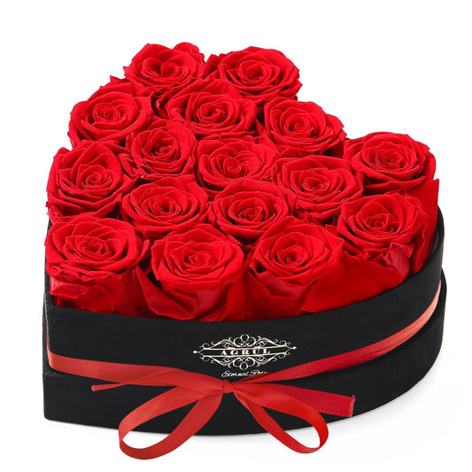 agrul coffret en forme de cœur montrant 16 roses rouges, cadeau prêt à offrir