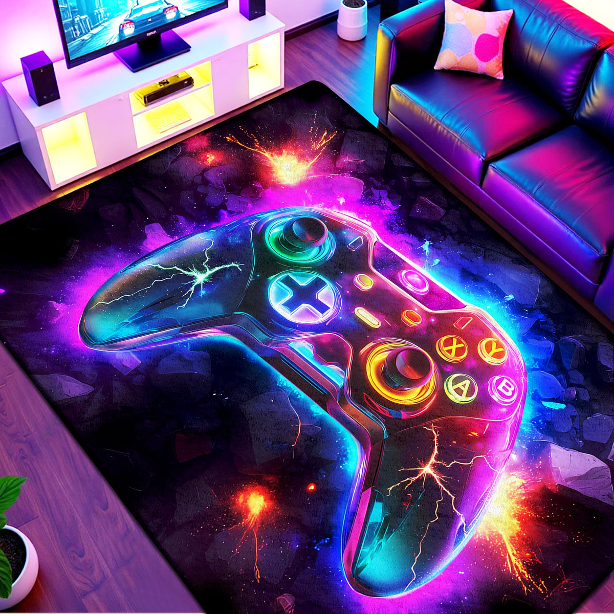 AICLIV tapis gaming face recto montrant motif manette néon et ambiance dynamique