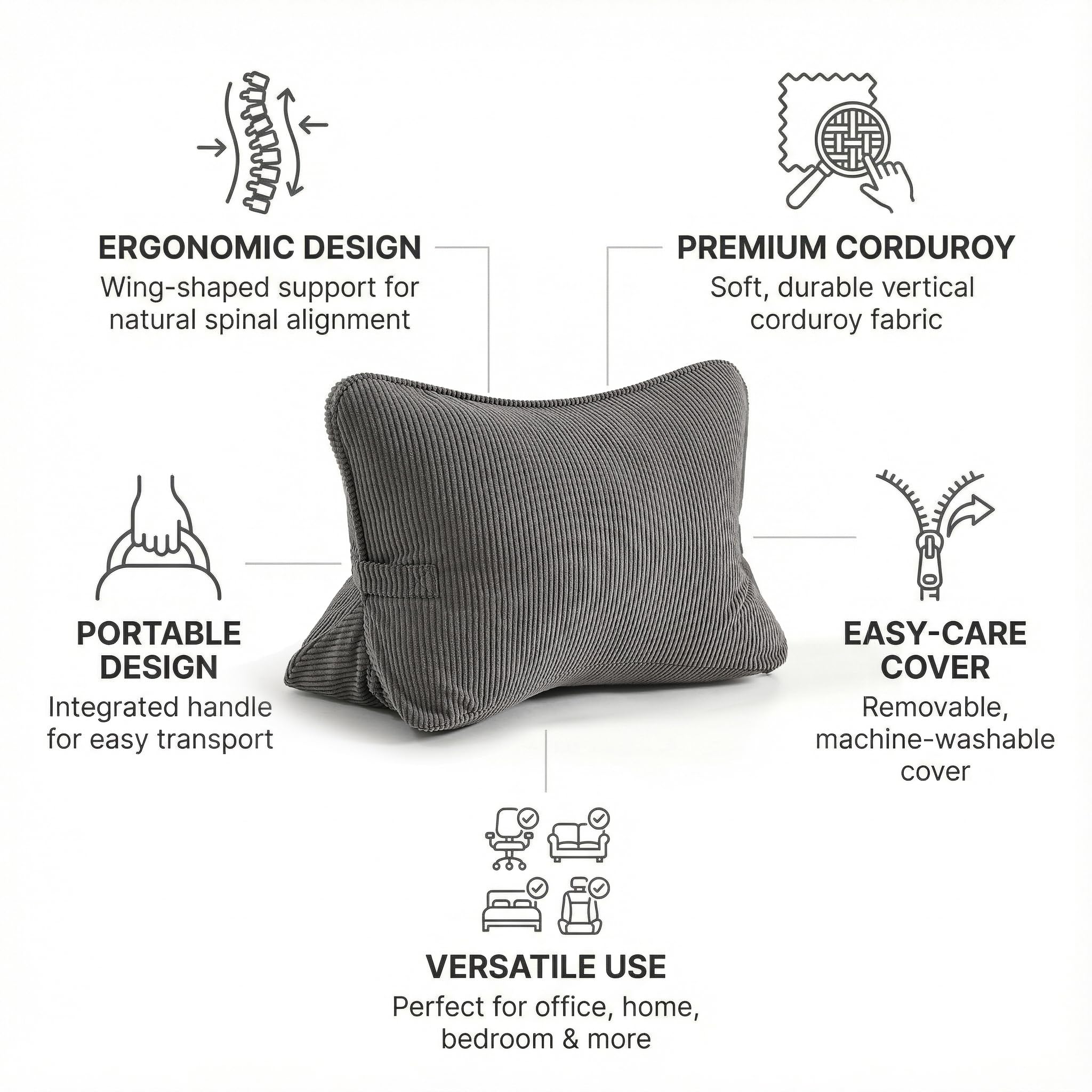 Ailuteie profil du coussin en triangle montrant soutien lombaire ciblé