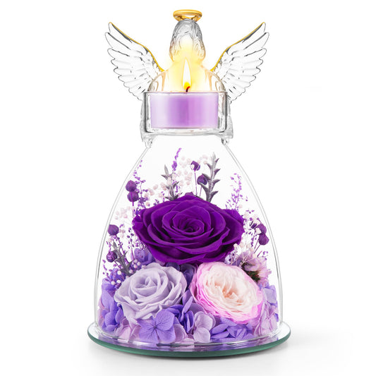 AIMEYE ange en verre face montrant trois roses préservées et élégance décorative