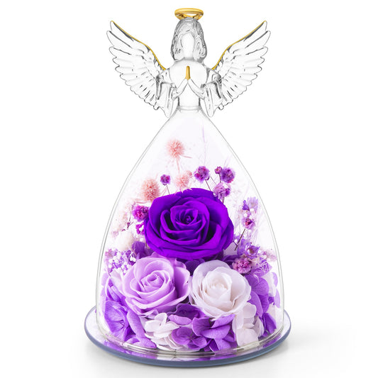 AIMEYE figurine ange en verre vue de face montrant fleurs violettes et élégance durable