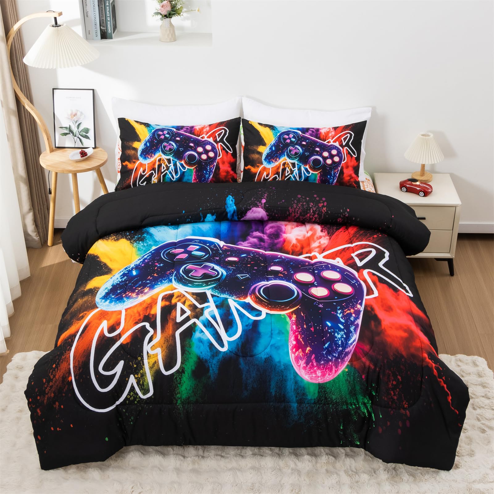 Aimuan couette face avant montrant le motif manette et ambiance gaming