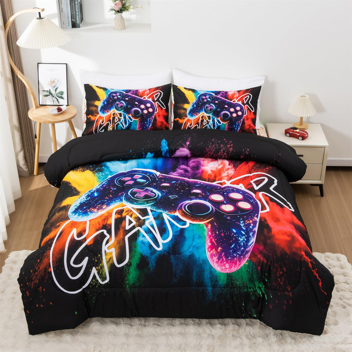 Aimuan couette face avant montrant le motif manette et ambiance gaming