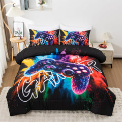 Aimuan couette face avant montrant le motif manette et ambiance gaming