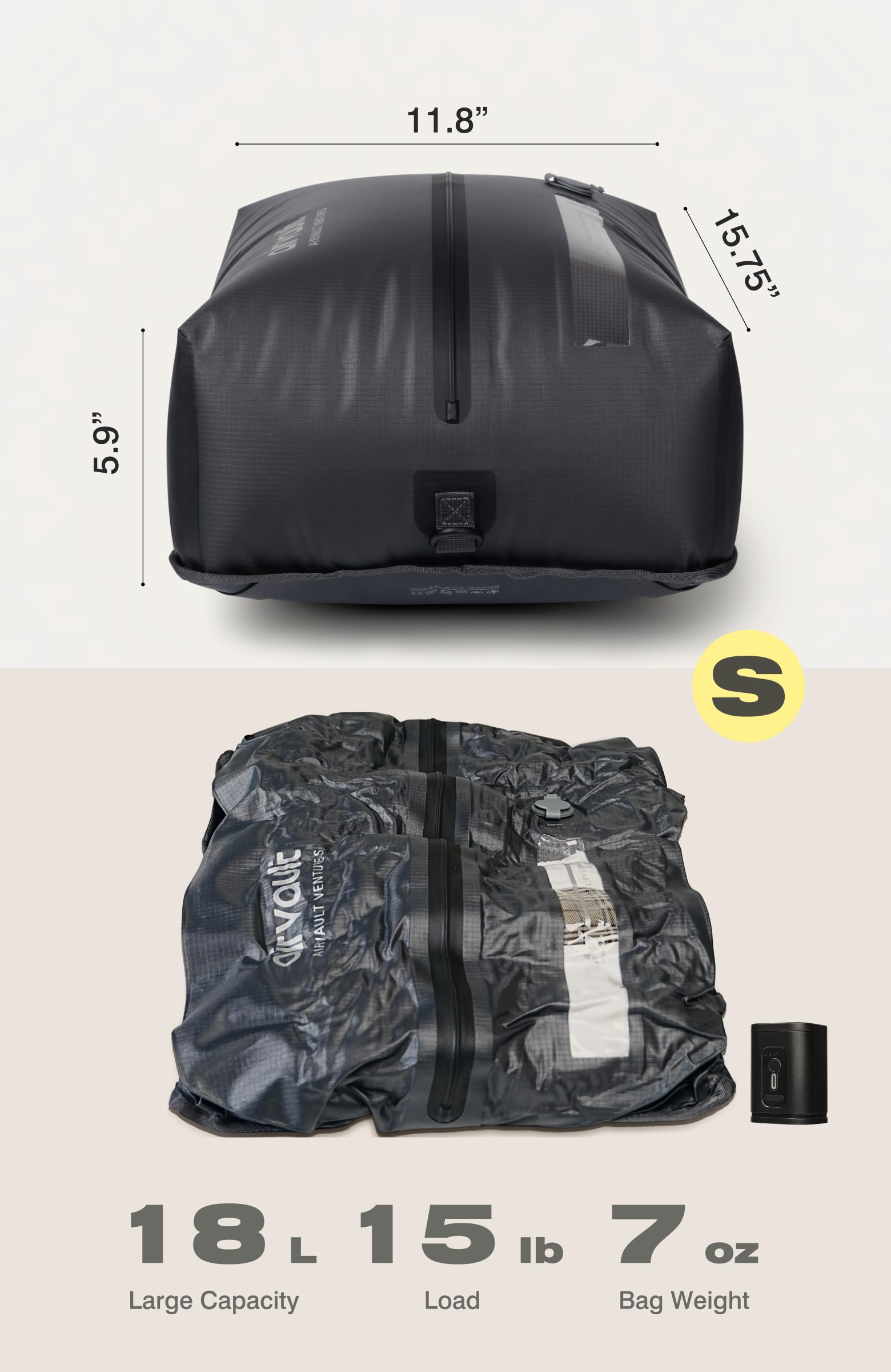 AirVault VENTURES sac comprimé bien rangé dans une valise cabine
