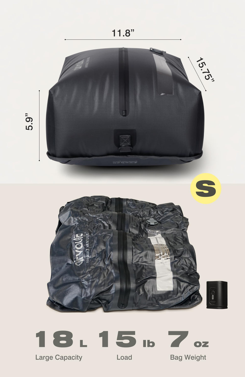 AirVault VENTURES sac comprimé bien rangé dans une valise cabine