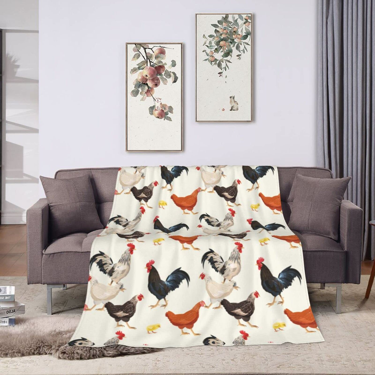 AISDE plaid face avant montrant coq, poule et poussins, apporte charme farmhouse