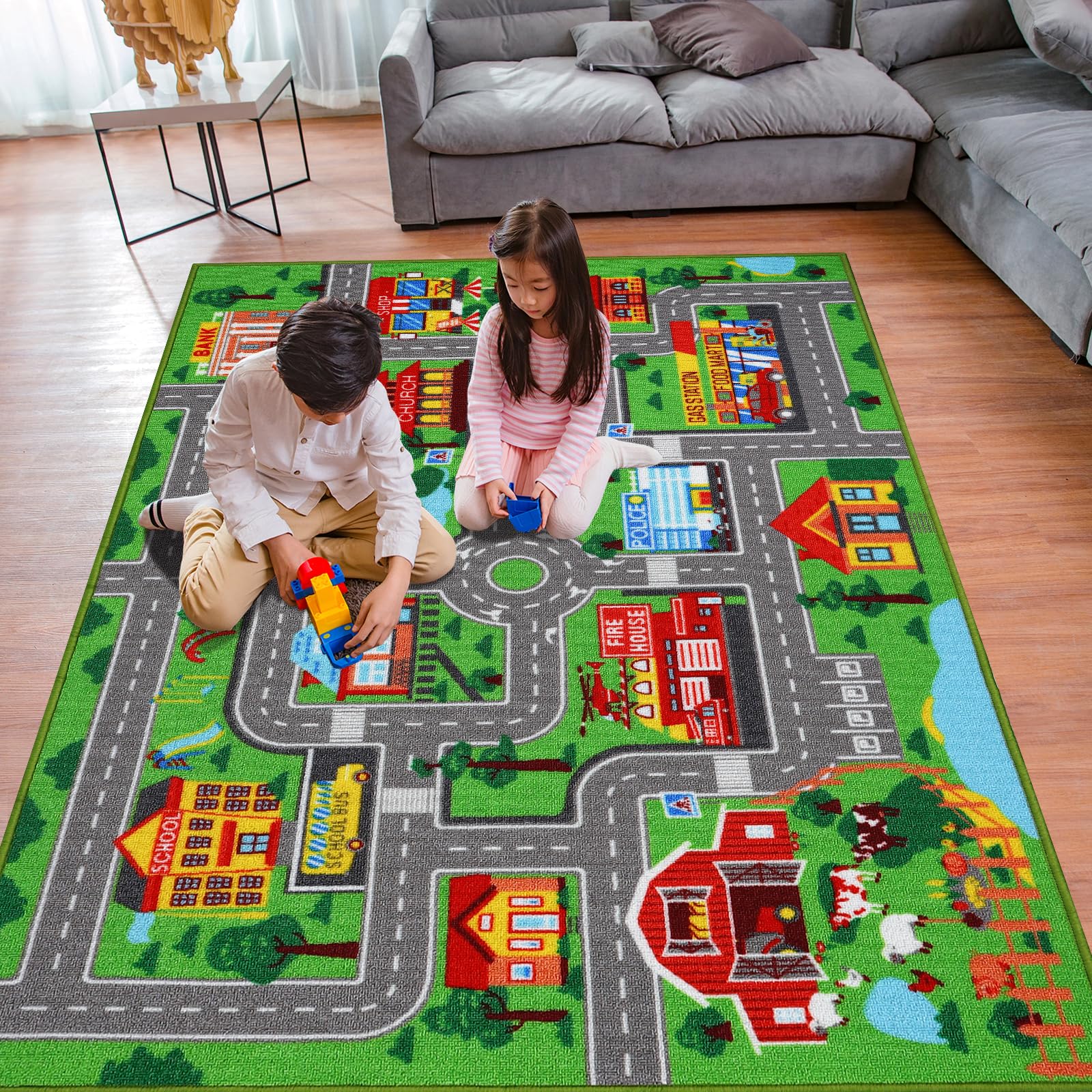 AKASISRUG vue du recto du tapis avec motif ville pour jeu sécurisé