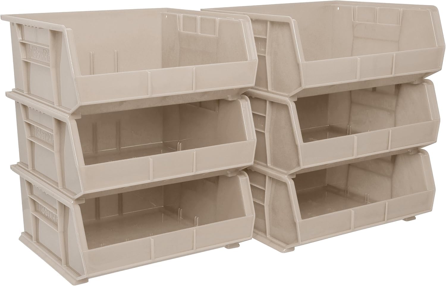 Akro-Mils vue frontale du lot de 6 bacs stone, rangement compact