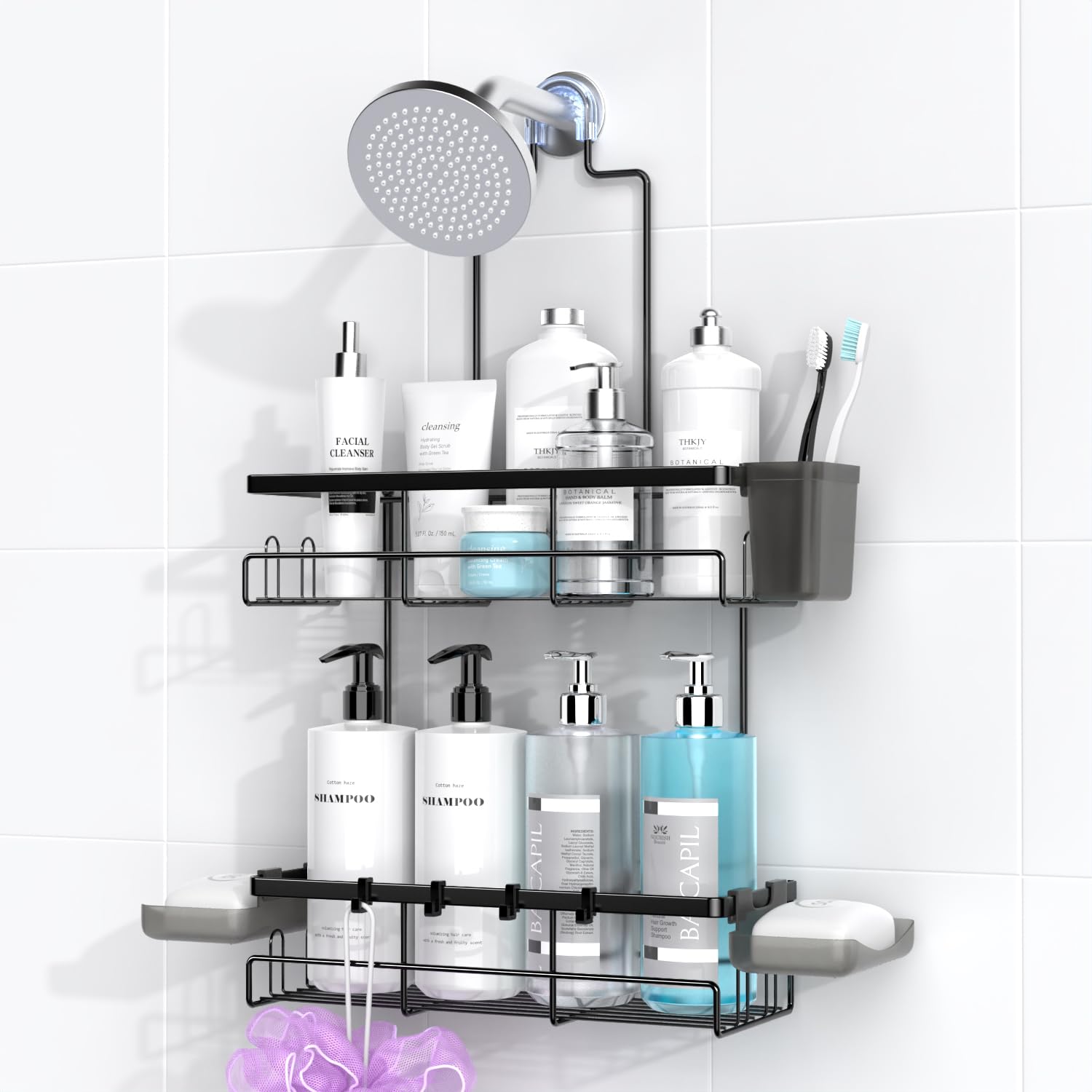 AKTECKE étagère de douche vue de face montrant rangement organisé et gain de place