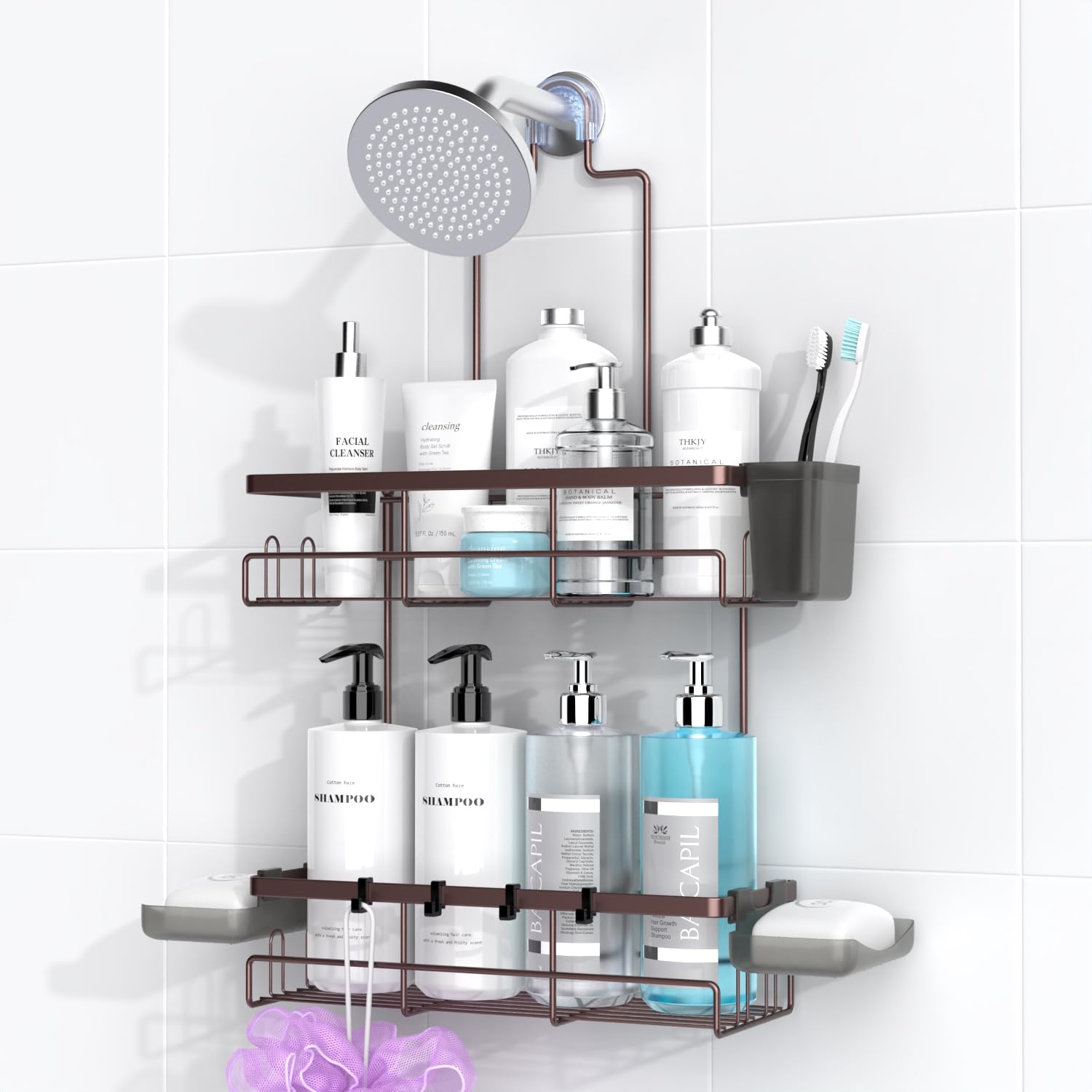 AKTECKE vue avant du porte‑shampooing suspendu montrant rangement organisé et gain de place