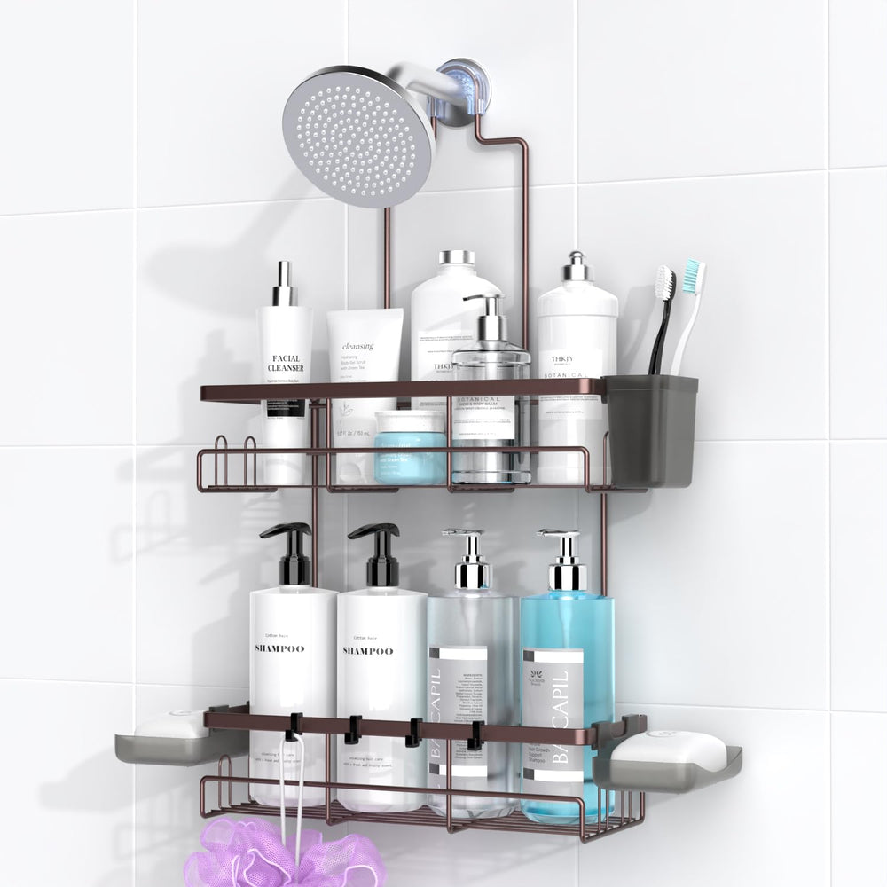 AKTECKE vue avant du porte‑shampooing suspendu montrant rangement organisé et gain de place