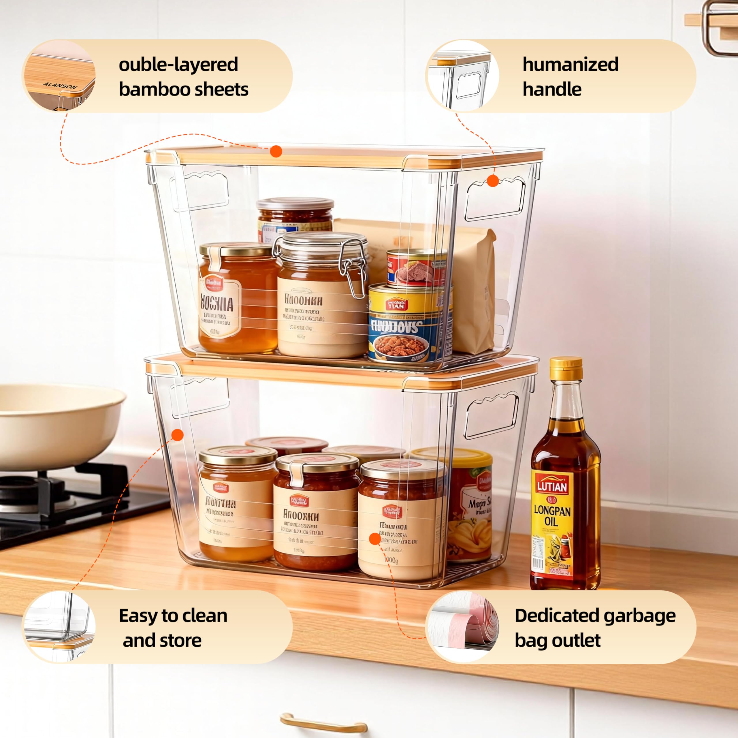 ALANSON boîtes empilées dans une cuisine, gain d'espace vertical visible