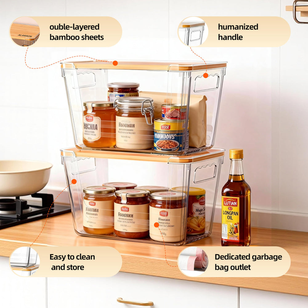 ALANSON boîtes empilées dans une cuisine, gain d'espace vertical visible