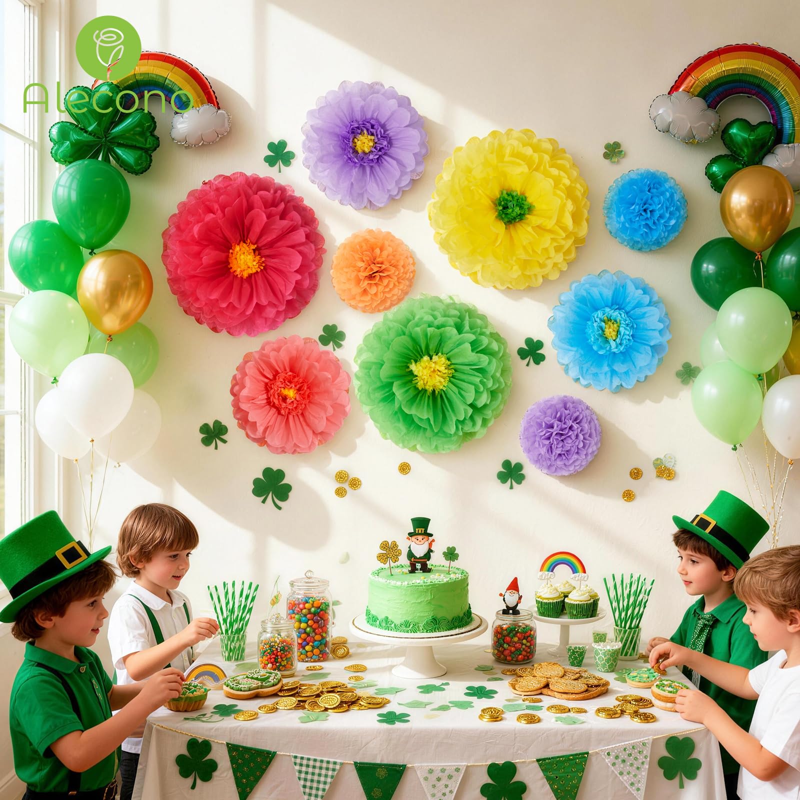 Alecono scène de fête avec fleurs en papier créant ambiance chaleureuse