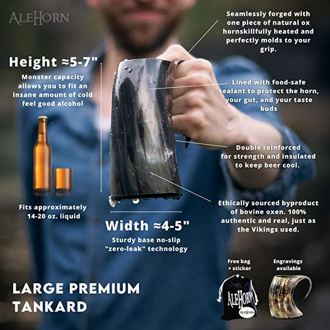 AleHorn chope à côté d'une bouteille montrant l'échelle et capacité 24 oz