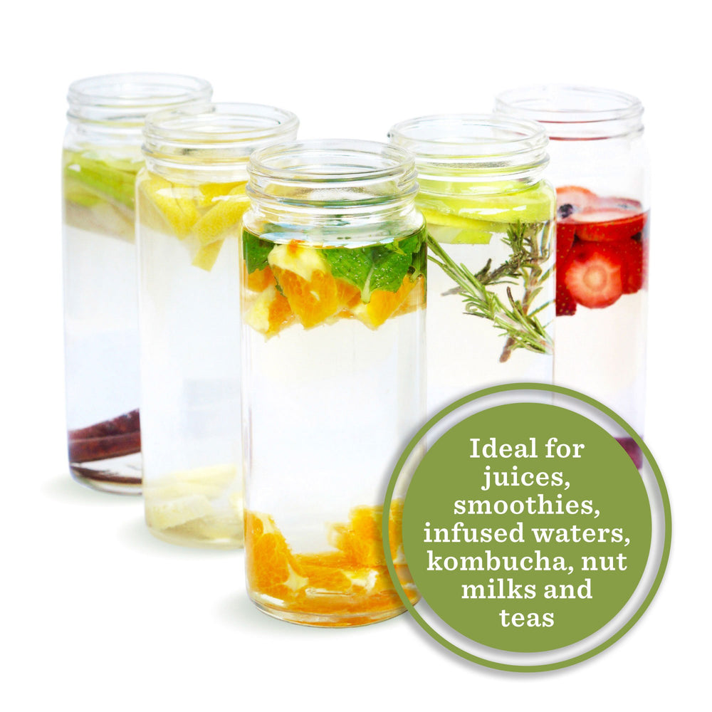 All About Juicing plusieurs bouteilles remplies de jus colorés pour rangement visuel