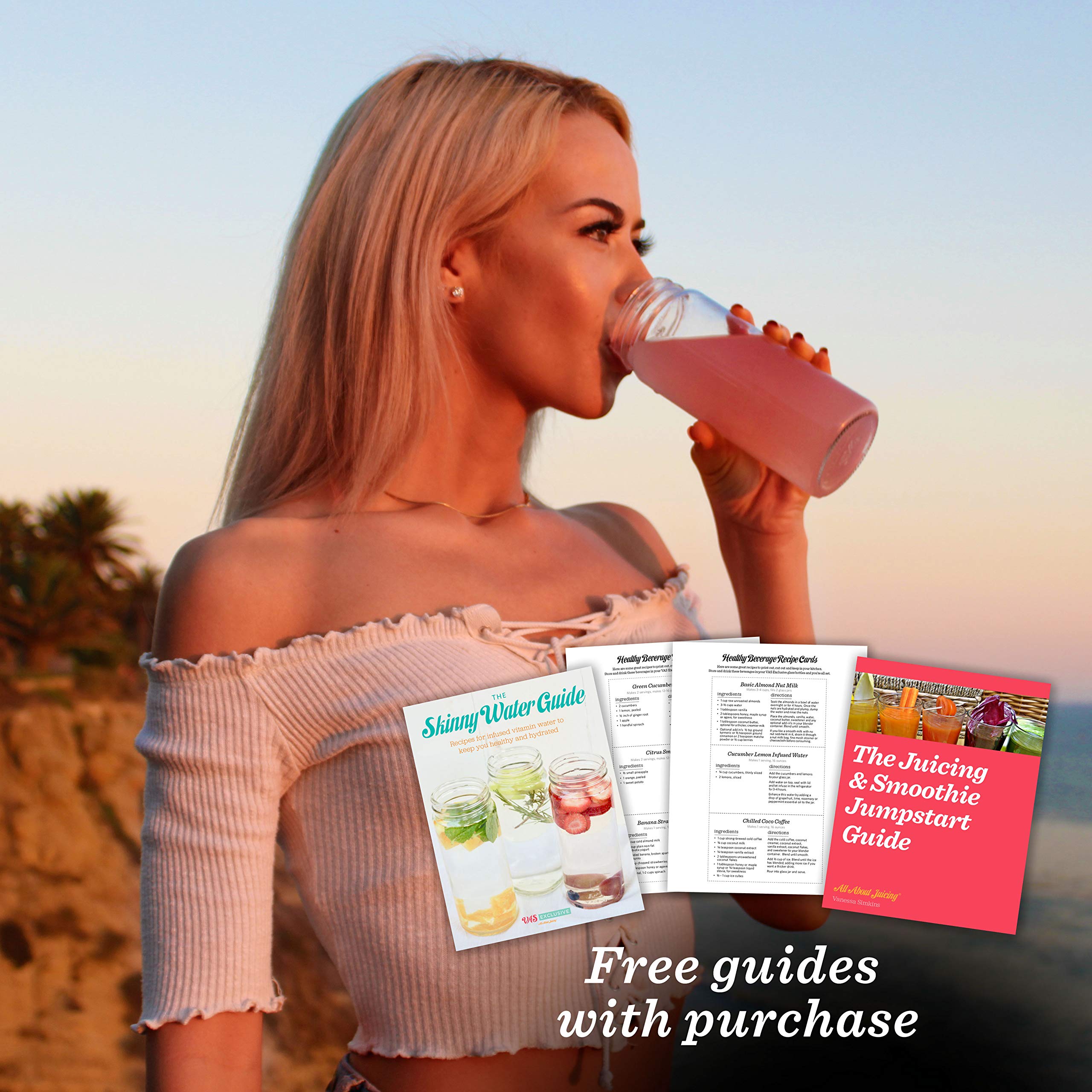 All About Juicing bouteille tenue à la main pour démontrer taille et maniabilité