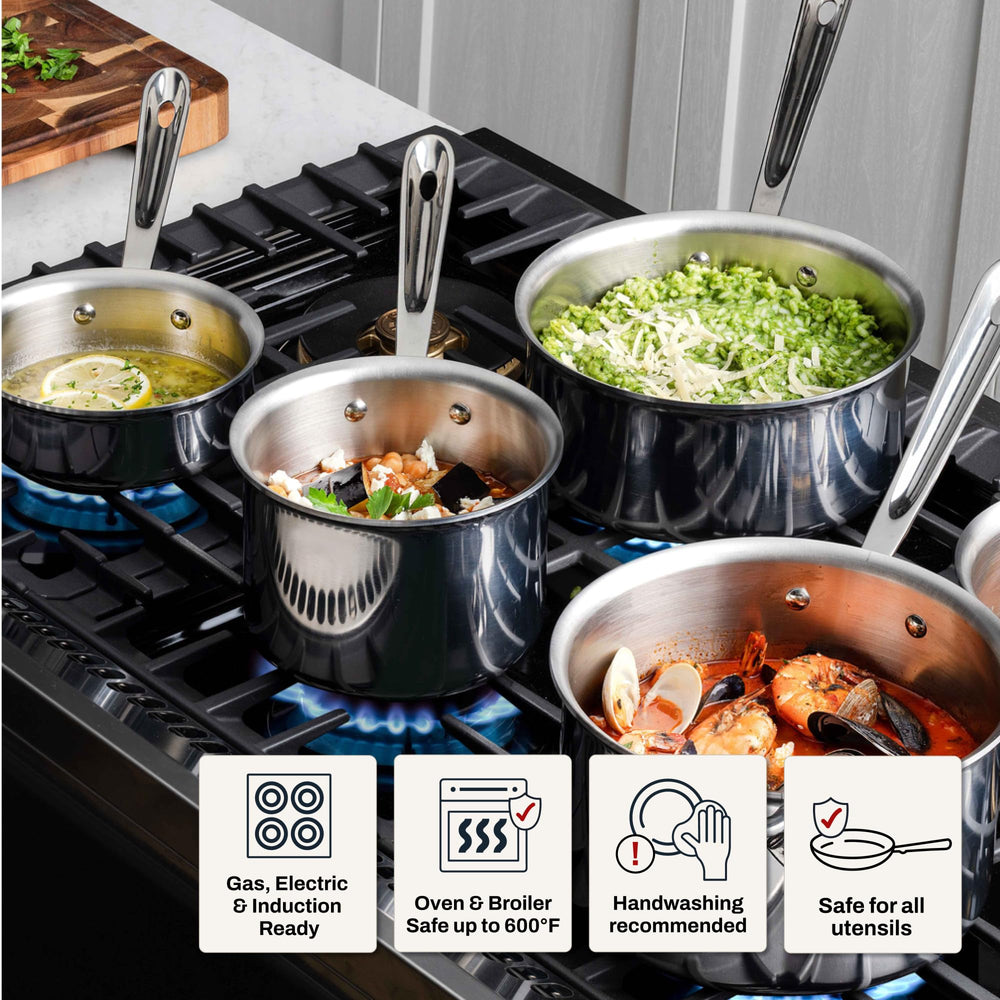 All‑Clad casserole à côté d’une tasse pour comparaison d’échelle et capacité compacte