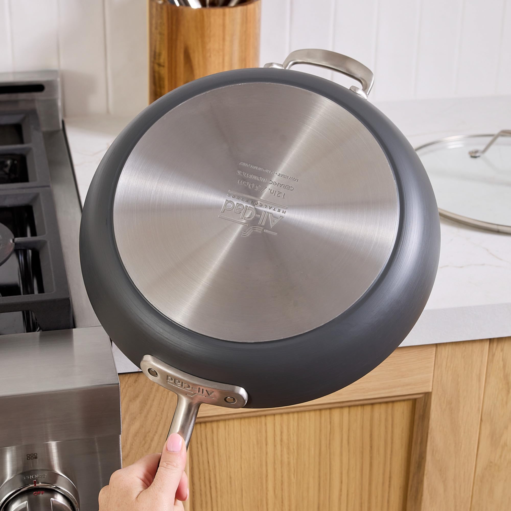 All‑Clad poêle à côté d’une assiette, comparaison d’échelle pour visualiser le diamètre