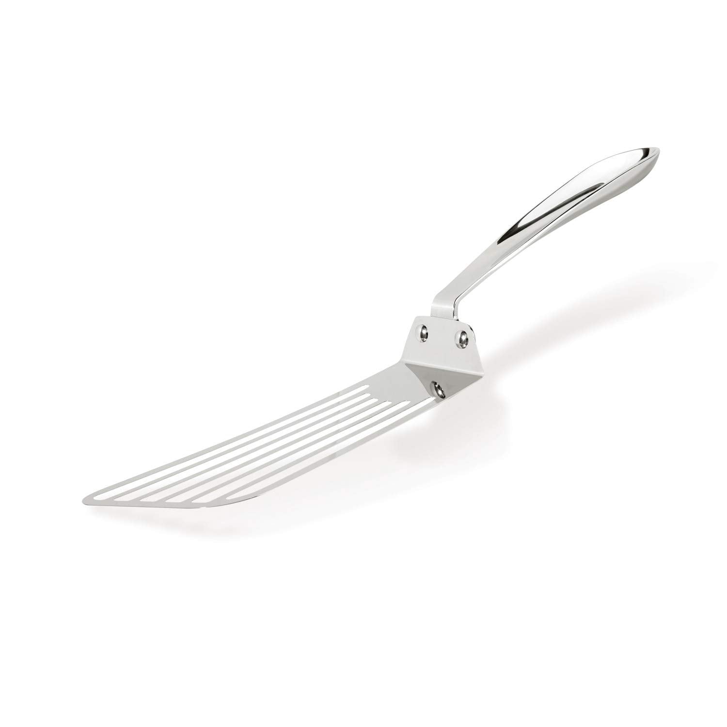 All-Clad spatule face avant en acier inoxydable montrant la forme et la finition, maniabilité améliorée