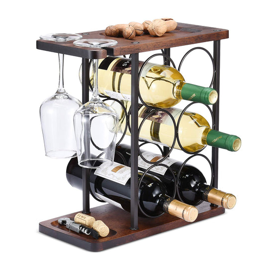 ALLCENER vue frontale du porte-bouteilles exposant six bouteilles et deux verres, gain d'espace