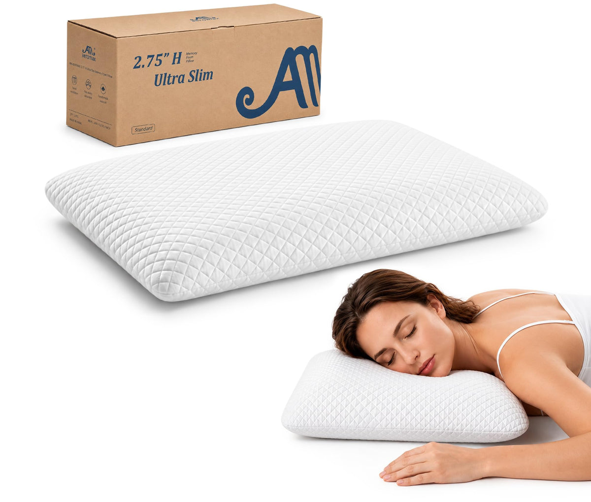 AM AEROMAX face avant de l'oreiller montrant design et taille, confort plat