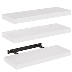 AMADA HOMEFURNISHING emballage frontal des trois étagères blanches montrant contenu et dimensions