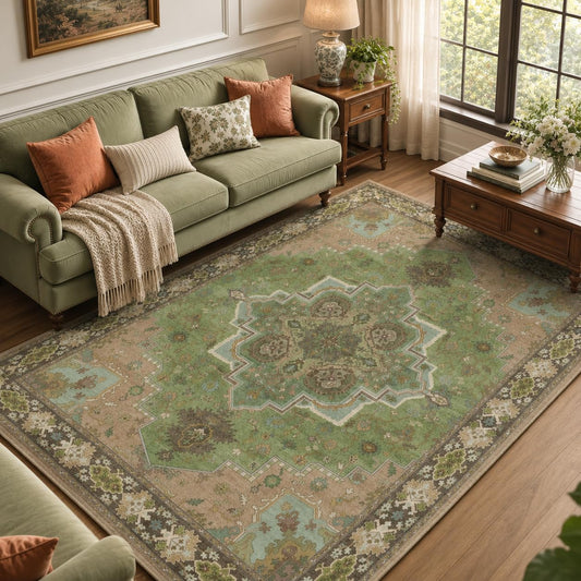 AMADA HOMEFURNISHING tapis vue de face montrant motif vintage et ambiance