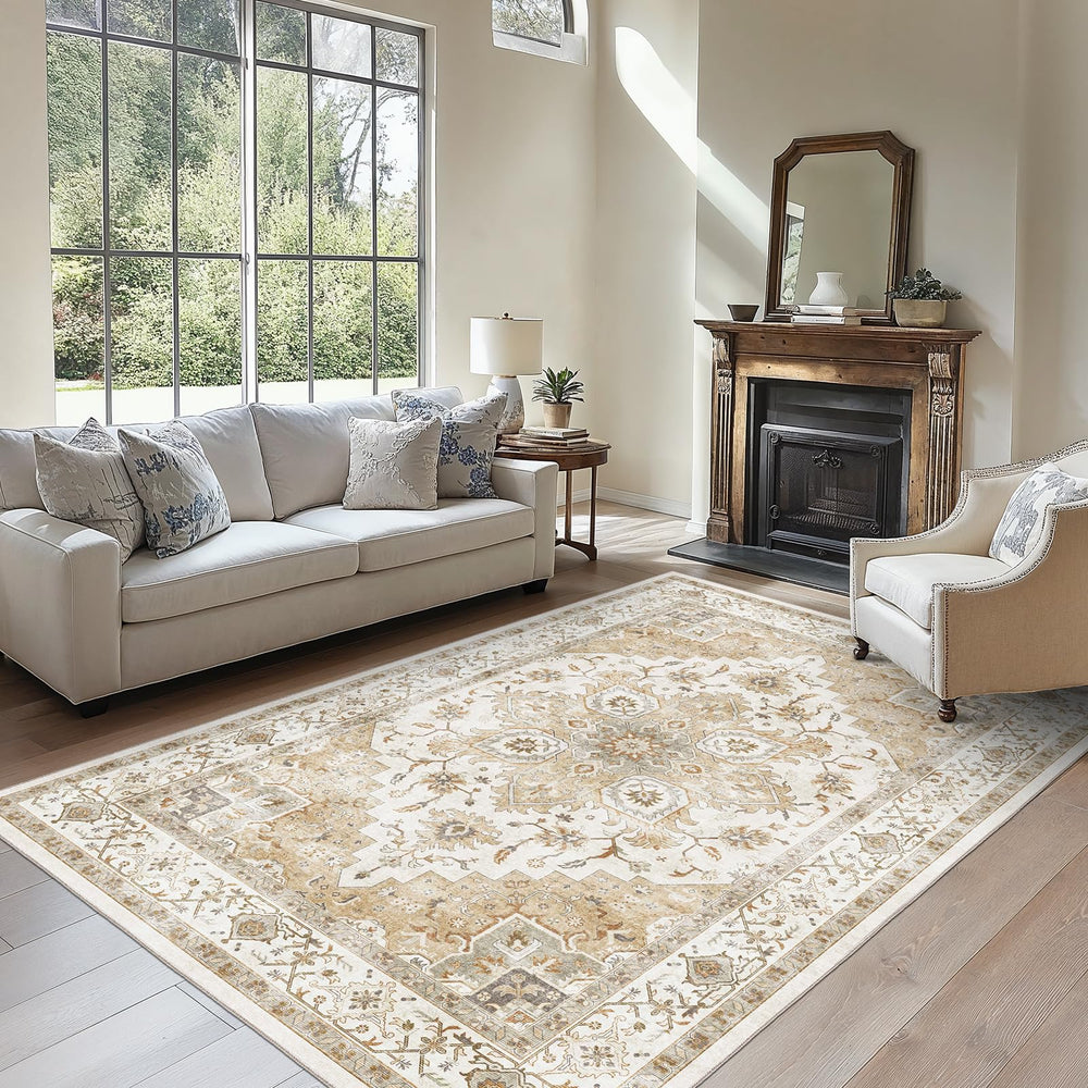 AMADA HOMEFURNISHING tapis 6x9 vue avant et emballage, design vintage pratique