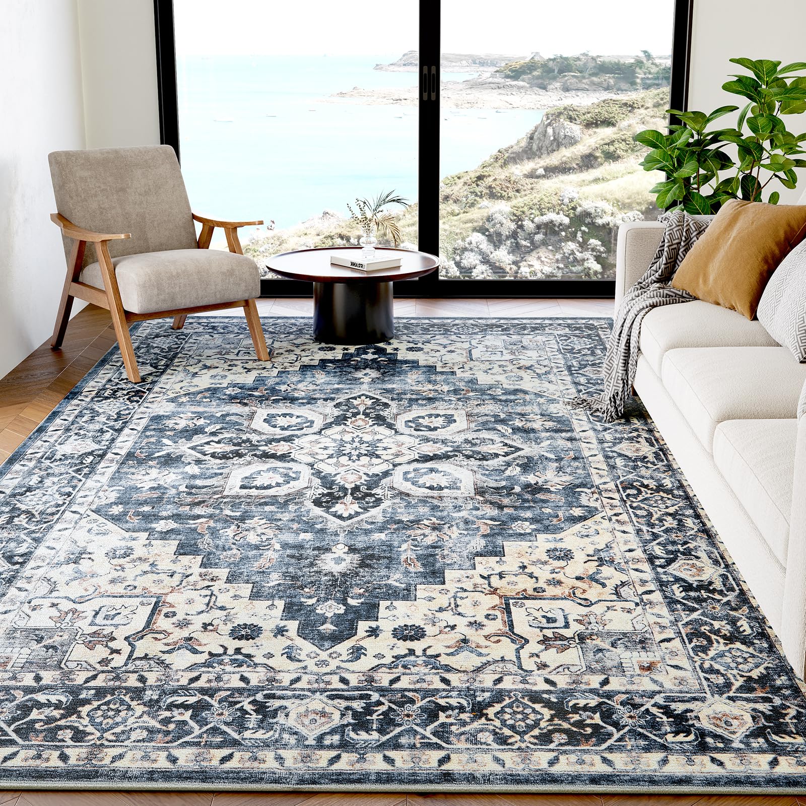 AMADA tapis face avant bleu vintage apporte élégance au salon